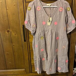 Easel Gray Dress with Pink and Yellow Embroidery